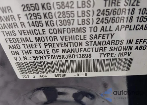 2018 Honda Pilot Ex-L from USA, damaged, VIN 5FNYF6H5XJBO13698